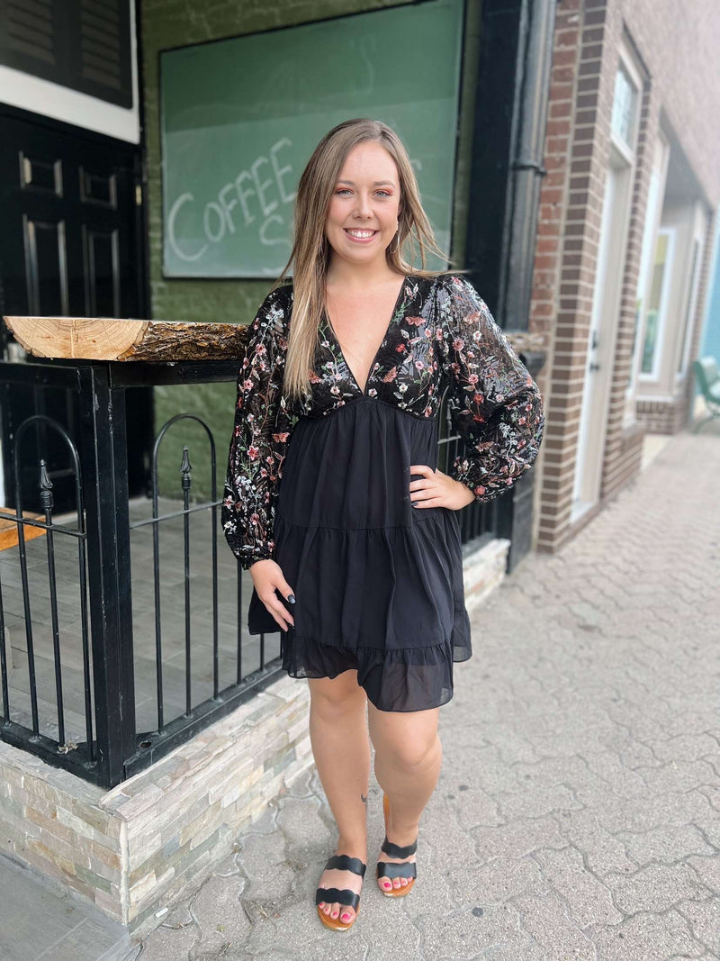 Black Floral Embellished Sequin Sleeve Dress