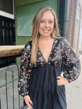 Black Floral Embellished Sequin Sleeve Dress