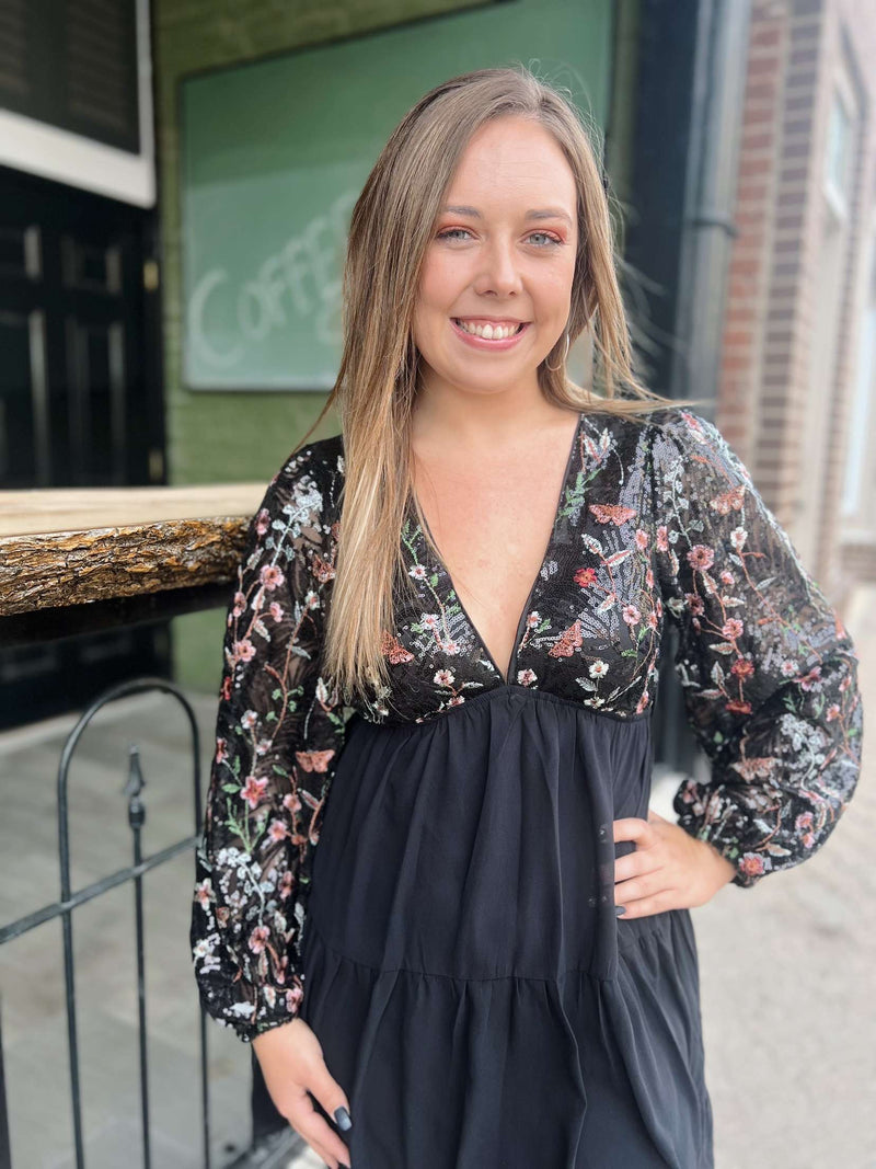 Black Floral Embellished Sequin Sleeve Dress