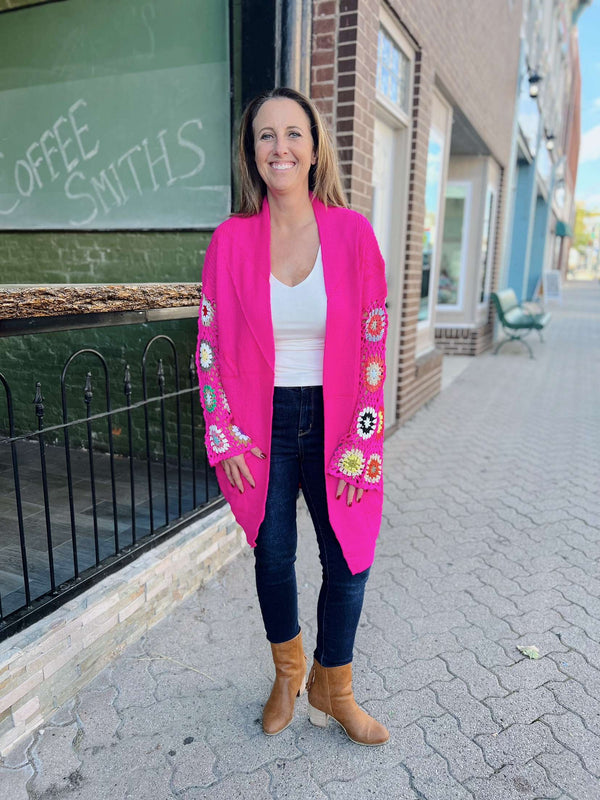 Knit Crocheted Sleeve Cardigan Pink