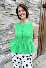 Green Peplum Sleeveless Top With Buttons
