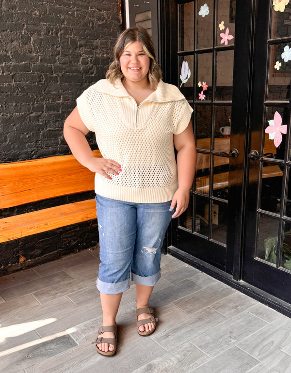 Curvy Ivory Collared Drop Shoulder Half Zip Sweater Top
