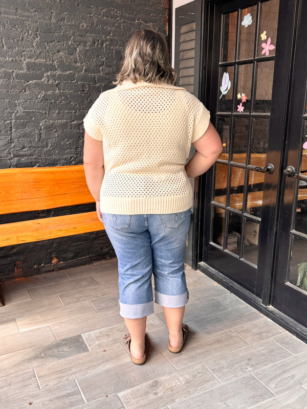 Curvy Ivory Collared Drop Shoulder Half Zip Sweater Top