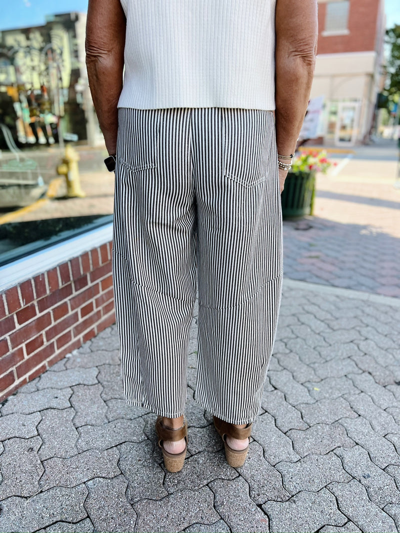 Coffee Striped Twill Barrel Pants