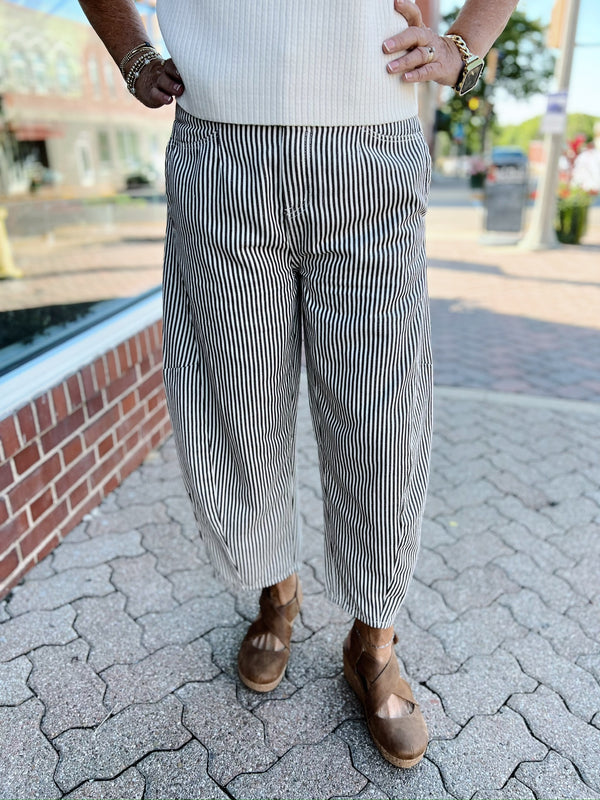 Coffee Striped Twill Barrel Pants