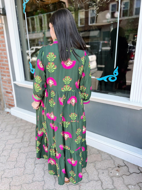 Forest Green Floral Print Tiered Midi Dress W/ Buttons