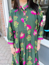 Forest Green Floral Print Tiered Midi Dress W/ Buttons