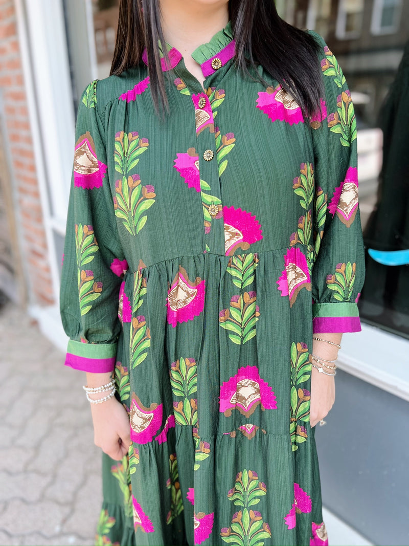 Forest Green Floral Print Tiered Midi Dress W/ Buttons