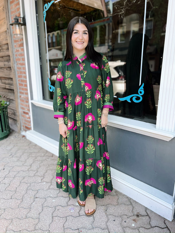 Forest Green Floral Print Tiered Midi Dress W/ Buttons