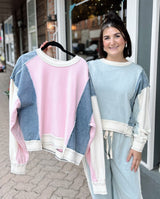 Pink Frayed Color Block Long Sleeve Top