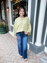Lime Stripe Henley Long Sleeve Top