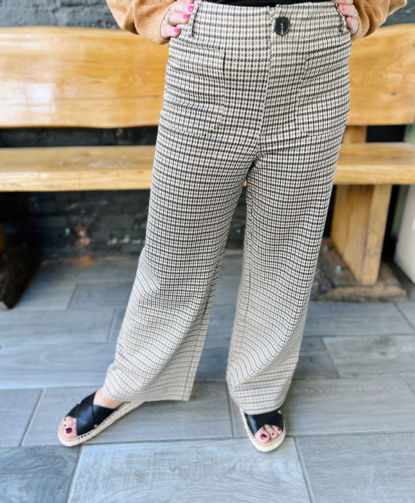Brown Houndstooth Straight Leg Pants