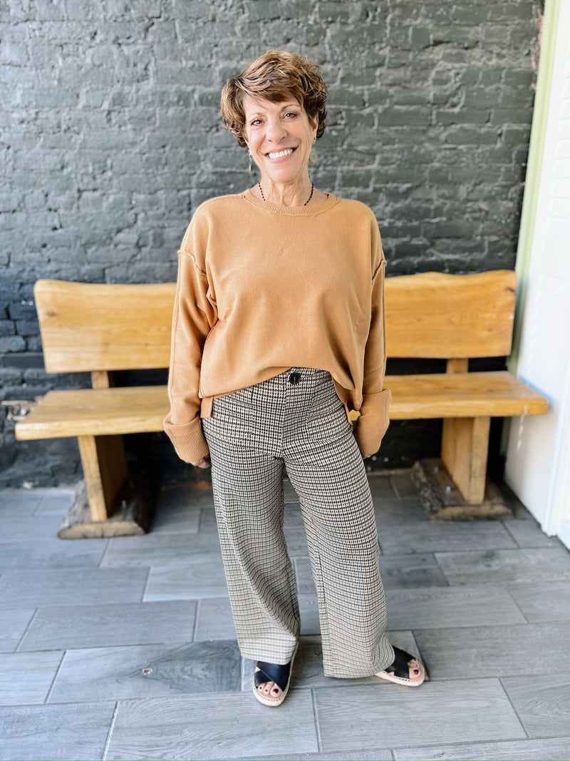 Brown Houndstooth Straight Leg Pants