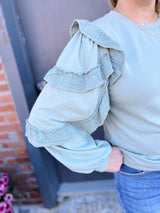 Sage Blue French Terry Ruffle Detailed Sleeve Top
