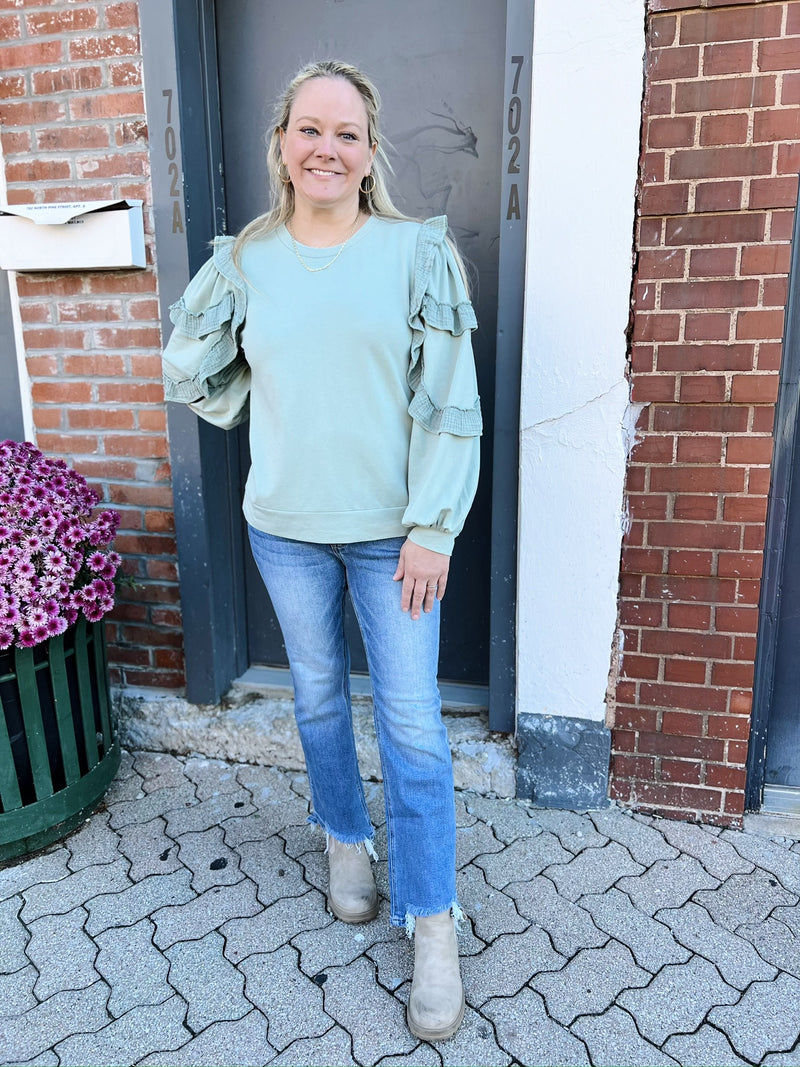 Sage Blue French Terry Ruffle Detailed Sleeve Top