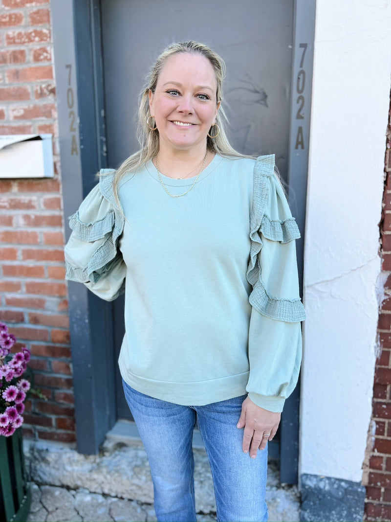 Sage Blue French Terry Ruffle Detailed Sleeve Top
