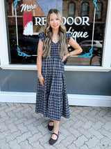 Plaid V Neck Smocked Midi Dress