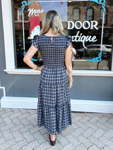Plaid V Neck Smocked Midi Dress
