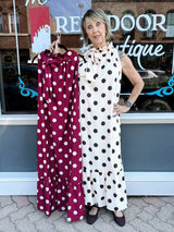 Burgundy and Ivory Polka Dot Maxi Dress