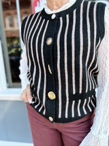 Black and Taupe Variety Button Accent Stripe Sweater Vest