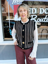 Black and Taupe Variety Button Accent Stripe Sweater Vest