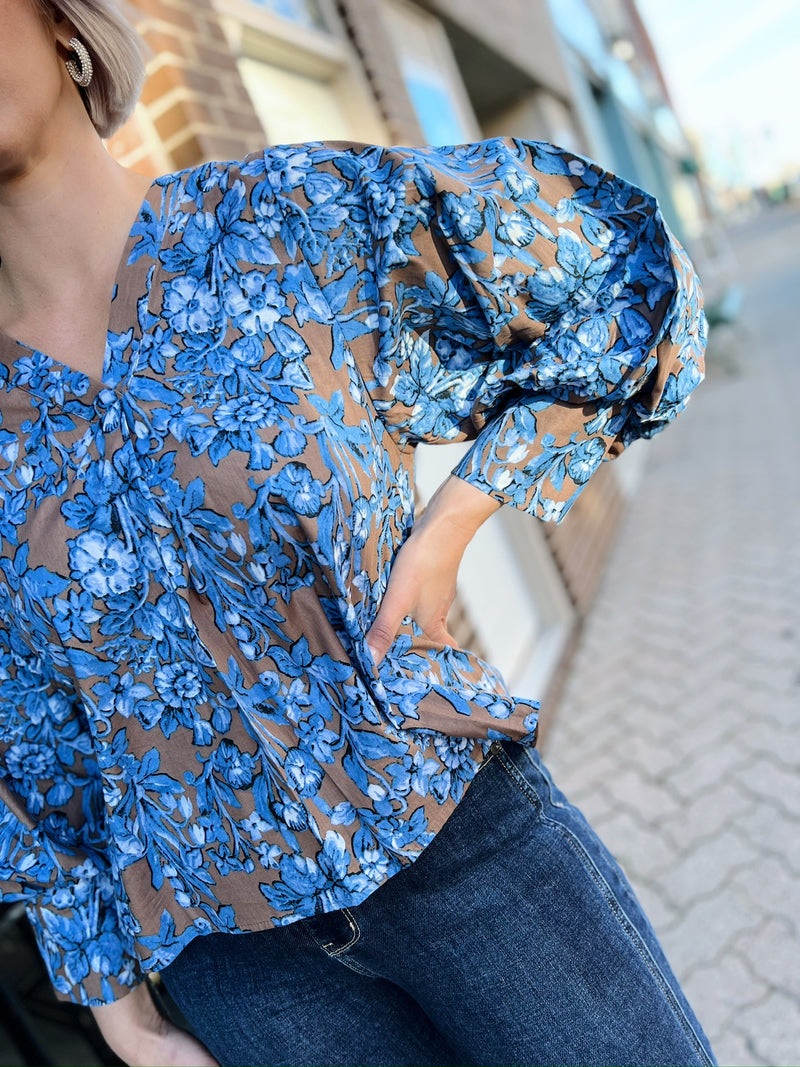 Brown and Blue Balloon Sleeve Floral V-Neck Top