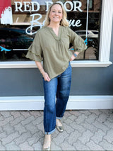 Olive Checkered Scallop Ruffled Hem Top