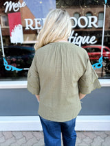 Olive Checkered Scallop Ruffled Hem Top