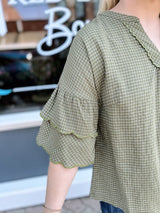 Olive Checkered Scallop Ruffled Hem Top