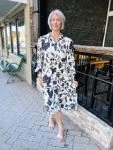 Cream with Black Floral Print Midi Dress