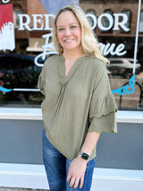 Olive Checkered Scallop Ruffled Hem Top