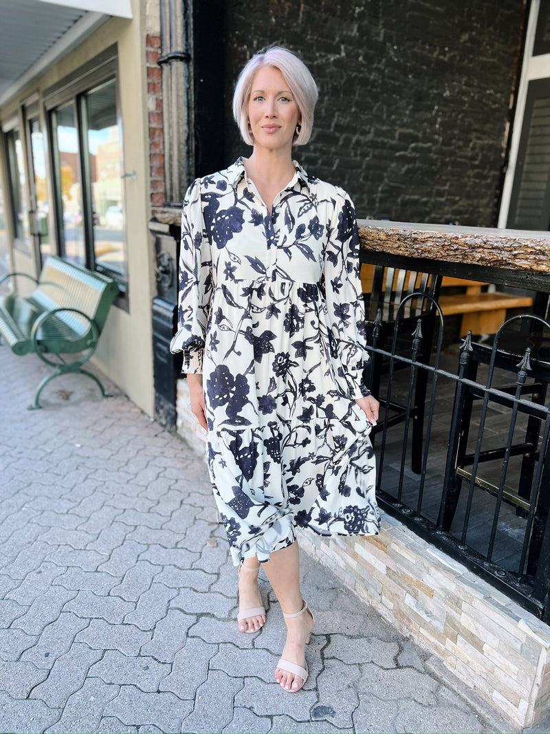 Cream with Black Floral Print Midi Dress