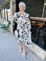 Cream with Black Floral Print Midi Dress