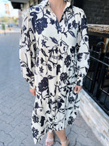 Cream with Black Floral Print Midi Dress