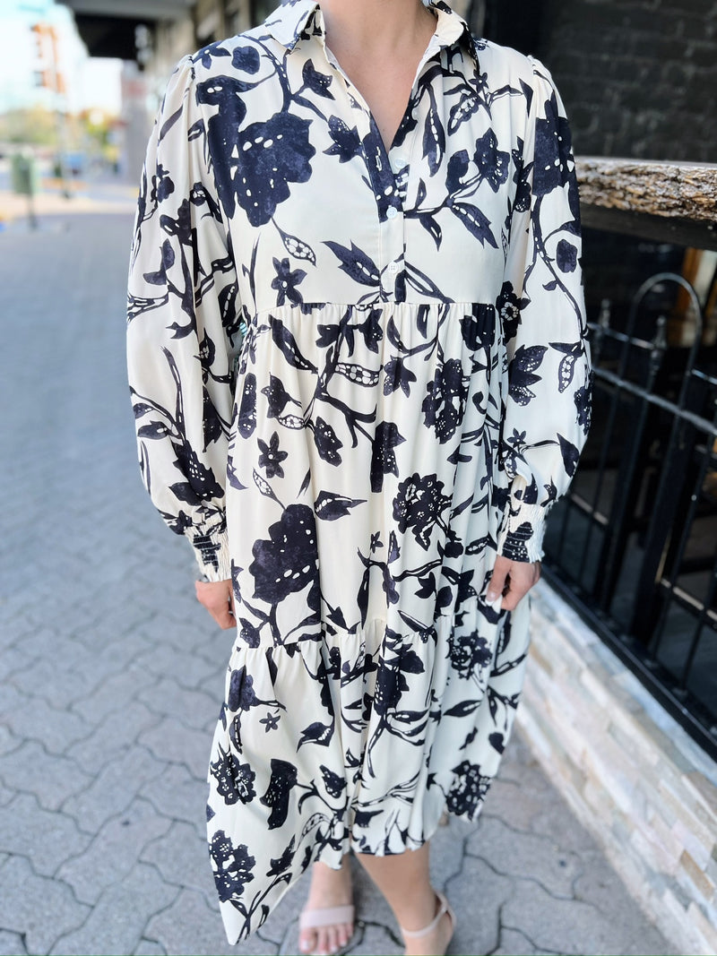 Cream with Black Floral Print Midi Dress