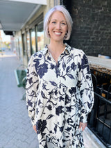 Cream with Black Floral Print Midi Dress