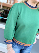 Hunter Green Ruffle Edge Detail Contrast Top