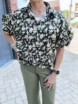Black Floral Print Puff Sleeve Top