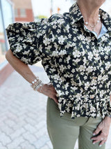 Black Floral Print Puff Sleeve Top