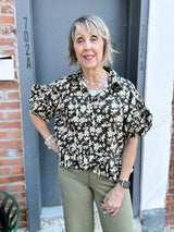Black Floral Print Puff Sleeve Top