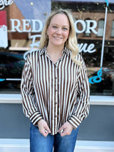 Brown Stripe Button Down Satin Top