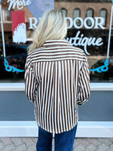 Brown Stripe Button Down Satin Top
