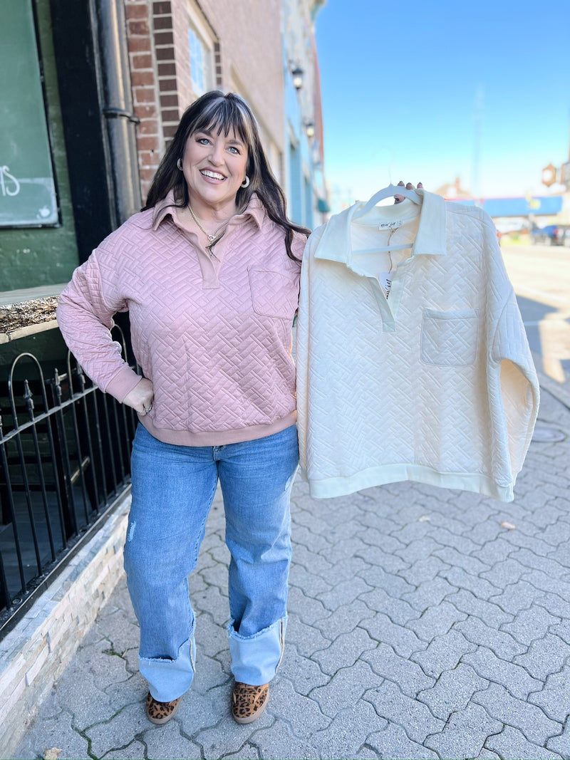 Quilted Collared Top with Front Pocket