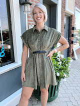 Olive Belted Suede Button Down Dress