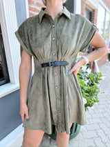 Olive Belted Suede Button Down Dress