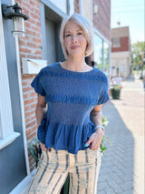 Chambray Smocked Scalloped Sleeve Top