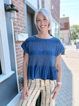 Chambray Smocked Scalloped Sleeve Top