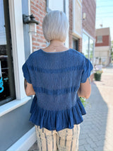 Chambray Smocked Scalloped Sleeve Top