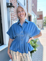 Denim Pleated Button Down Top