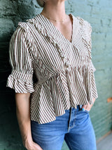 Cocoa Striped Ruffle Hem Top